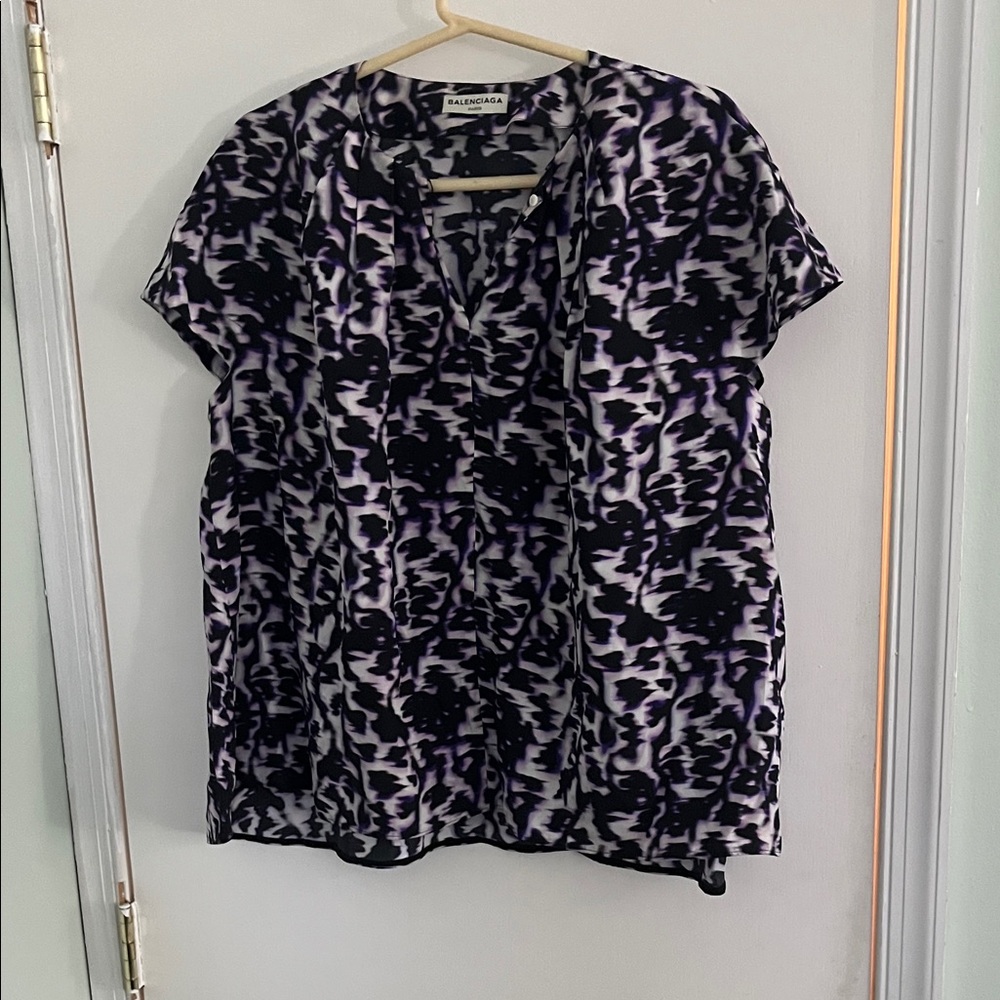 Balenciaga Black & Lavender Abstract Print Short Sleeve Blouse